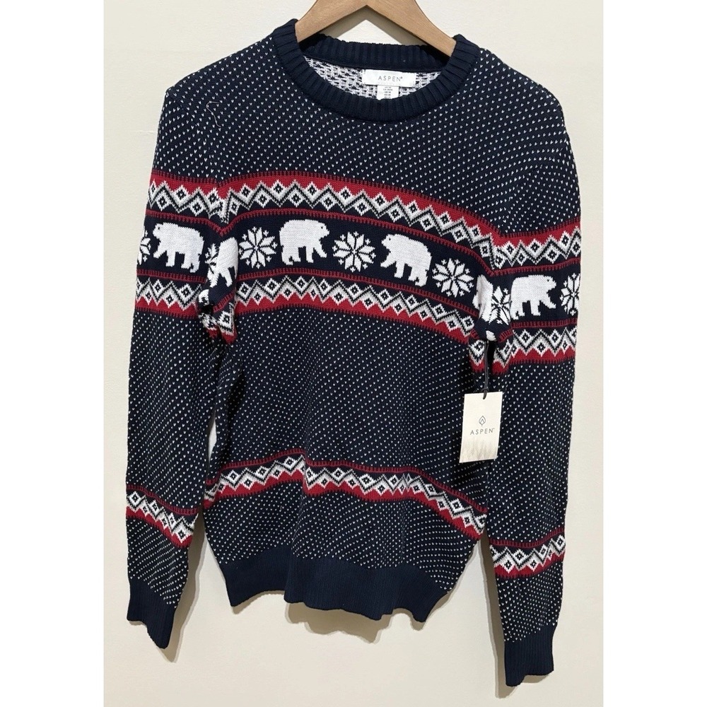 Aspen Sweater Mens M Blue Birdseye Fair Isle Polar Bear Cotton Pullover. NWT